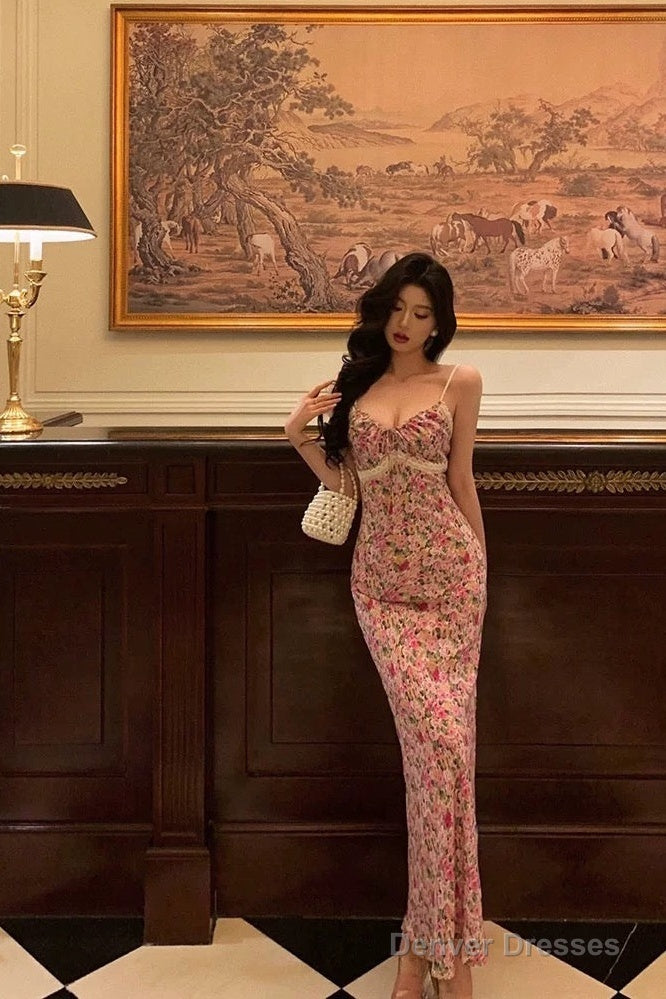 Gorgeous Mermaid Spaghetti Straps Pink Floral Date Night Dress Long Prom Dresses Birthday Outfits