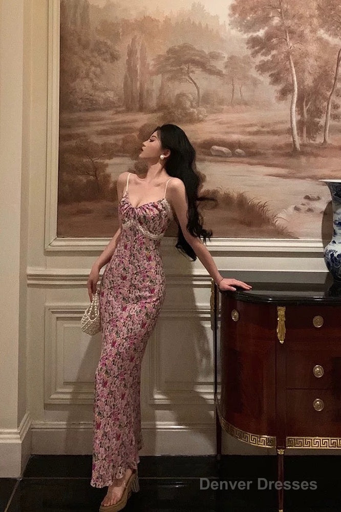 Gorgeous Mermaid Spaghetti Straps Pink Floral Date Night Dress Long Prom Dresses Birthday Outfits