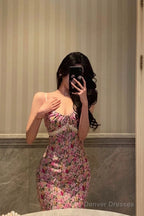 Gorgeous Mermaid Spaghetti Straps Pink Floral Date Night Dress Long Prom Dresses Birthday Outfits