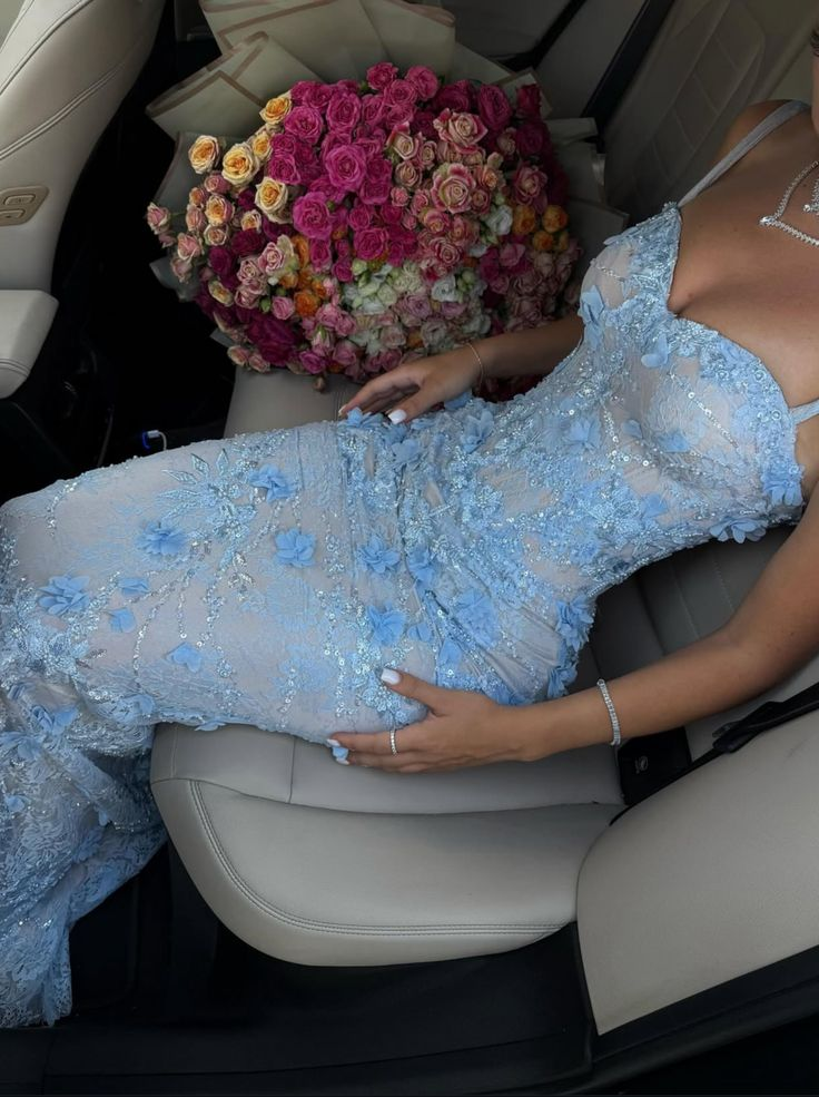Gorgeous Mermaid Spaghetti Straps Satin Applique Long Prom Dress,Formal Dress Main image