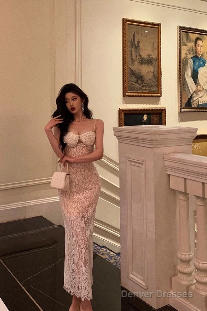 Gorgeous Mermaid Spaghetti Straps Sleeveless Date Night Dress White Lace Prom Dresses Birthday Outfits Main image