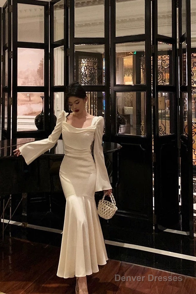 Gorgeous Mermaid Square Neckline Long Sleeves Date Night Dress White Prom Dresses Birthday Outfits