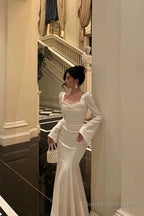 Gorgeous Mermaid Square Neckline Long Sleeves Date Night Dress White Prom Dresses Birthday Outfits