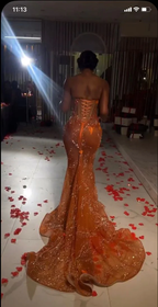 Gorgeous Mermaid Strapless Floor Length Orange Lace Sequin Evening Dress Prom Dress