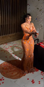 Gorgeous Mermaid Strapless Floor Length Orange Lace Sequin Evening Dress Prom Dress