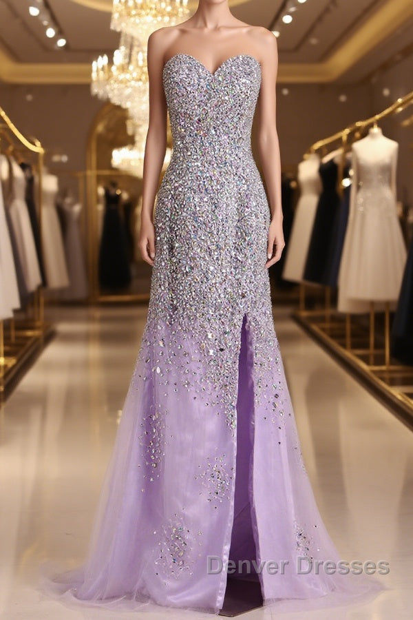 Gorgeous Mermaid Strapless Purple Beaded Long Prom Dress, Mermaid Purple Beaded Formal Evening Dress, Purple Ball Gown Main image