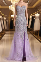 Gorgeous Mermaid Strapless Purple Beaded Long Prom Dress, Mermaid Purple Beaded Formal Evening Dress, Purple Ball Gown