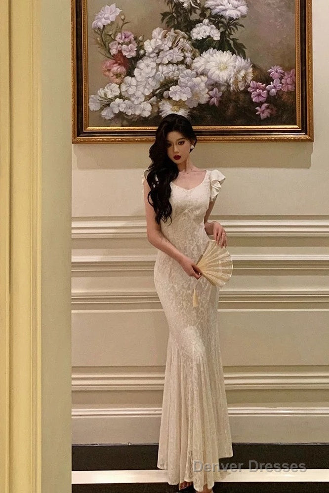 Gorgeous Mermaid Straps Date Night Dress White Lace Long Prom Dresses Birthday Outfits Main image