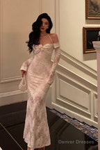 Gorgeous Mermaid V Neckline Long Sleeves Date Night Dress White Lace Prom Dresses Birthday Outfits