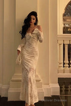 Gorgeous Mermaid V Neckline Long Sleeves Date Night Dress White Lace Prom Dresses Birthday Outfits