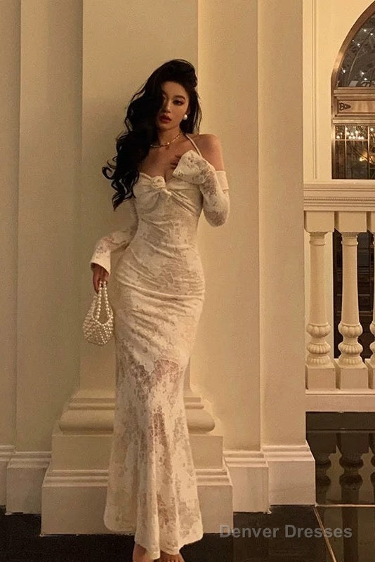 Gorgeous Mermaid V Neckline Long Sleeves Date Night Dress White Lace Prom Dresses Birthday Outfits Main image