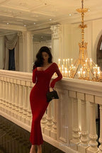Gorgeous Mermaid V Neckline Long Sleeves Red Date Night Dress Prom Dresses Birthday Outfit