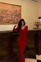 Gorgeous Mermaid V Neckline Long Sleeves Red Date Night Dress Prom Dresses Birthday Outfit