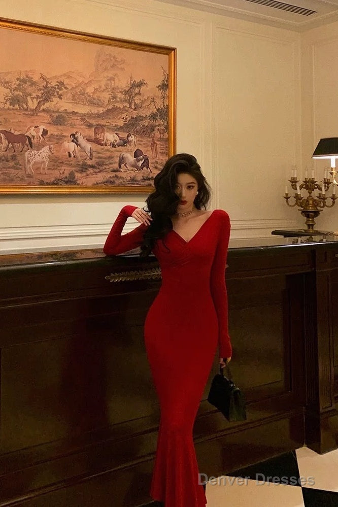 Gorgeous Mermaid V Neckline Long Sleeves Red Date Night Dress Prom Dresses Birthday Outfit