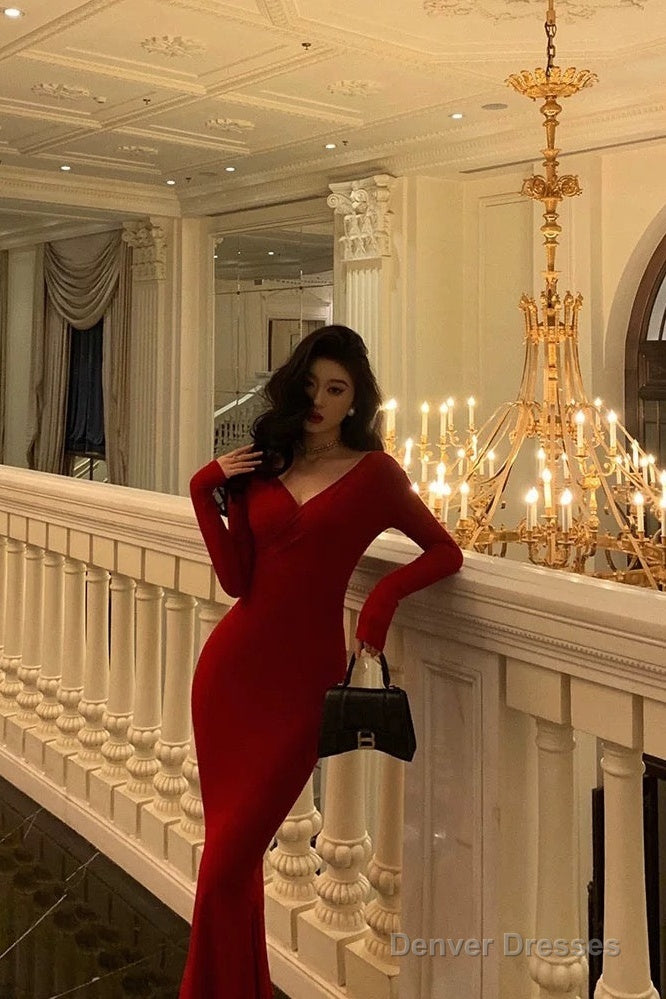 Gorgeous Mermaid V Neckline Long Sleeves Red Date Night Dress Prom Dresses Birthday Outfit