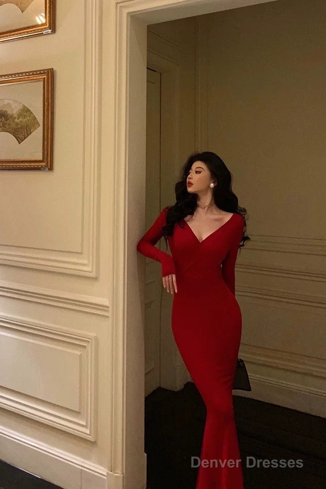 Gorgeous Mermaid V Neckline Long Sleeves Red Date Night Dress Prom Dresses Birthday Outfit