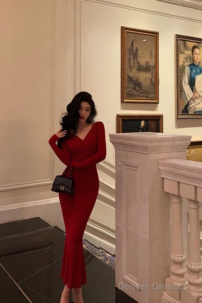 Gorgeous Mermaid V Neckline Long Sleeves Red Date Night Dress Prom Dresses Birthday Outfit