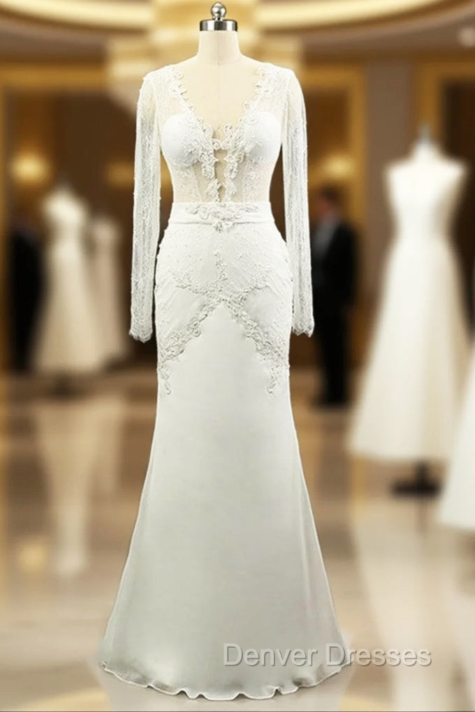 Gorgeous Mermaid Wedding Dress Long Sleeve Sexy V-neck Lace