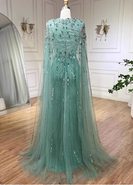 Gorgeous Mint Green Deep V Cape Beaded Sequin Tulle Long Prom Dress Evening Dress
