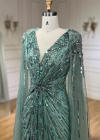 Gorgeous Mint Green Deep V Cape Beaded Sequin Tulle Long Prom Dress Evening Dress