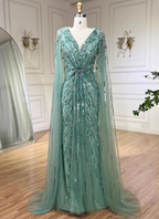 Gorgeous Mint Green Deep V Cape Beaded Sequin Tulle Long Prom Dress Evening Dress