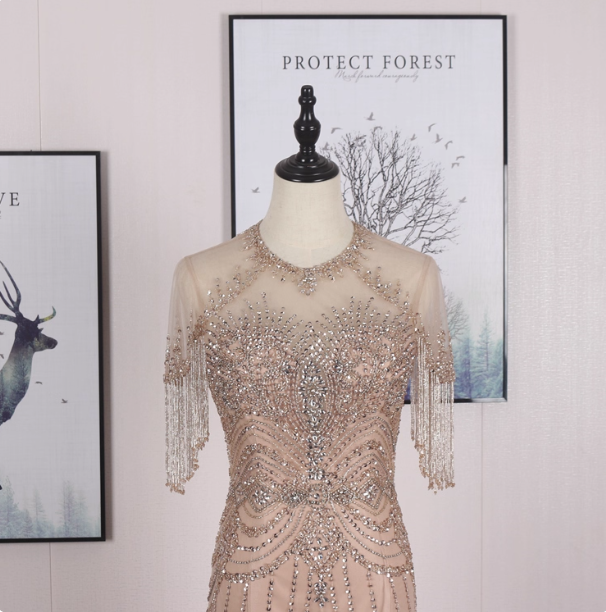 Gorgeous Nude Pink Mermaid Crew Neck Fringed Sleeve Beaded Tulle Train Prom Dress Evening Dress Secondary image