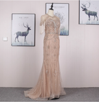 Gorgeous Nude Pink Mermaid Crew Neck Fringed Sleeve Beaded Tulle Train Prom Dress Evening Dress