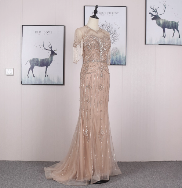 Gorgeous Nude Pink Mermaid Crew Neck Fringed Sleeve Beaded Tulle Train Prom Dress Evening Dress