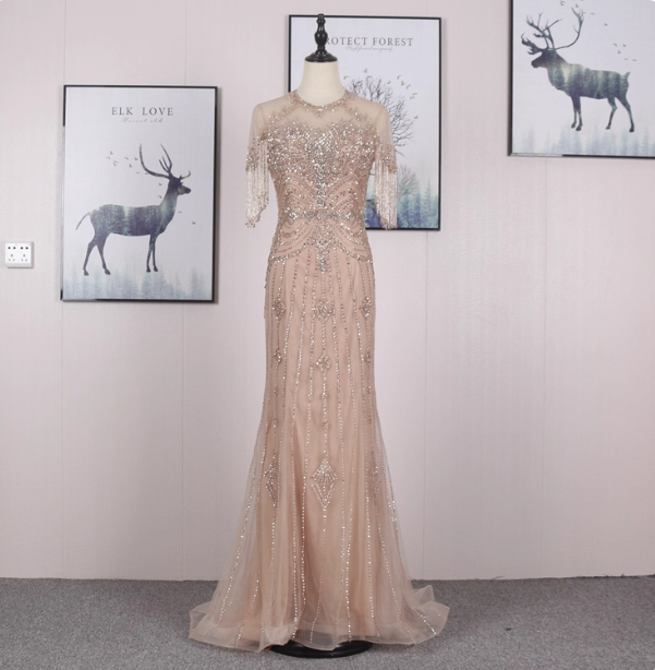 Gorgeous Nude Pink Mermaid Crew Neck Fringed Sleeve Beaded Tulle Train Prom Dress Evening Dress Main image