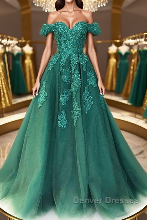 Gorgeous Off Shoulder Green Lace Long Prom Dress, Green Lace Formal Evening Dress, Green Ball Gown