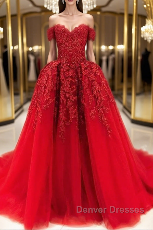 Gorgeous Off Shoulder Red Lace Long Prom Dress, Red Lace Formal Evening Dress, Red Ball Gown Main image