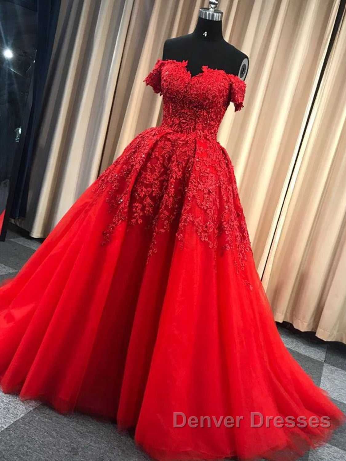 Gorgeous Off Shoulder Red Lace Long Prom Dress, Red Lace Formal Evening Dress, Red Ball Gown Secondary image