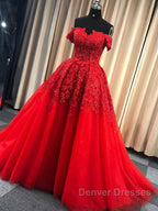 Gorgeous Off Shoulder Red Lace Long Prom Dress, Red Lace Formal Evening Dress, Red Ball Gown