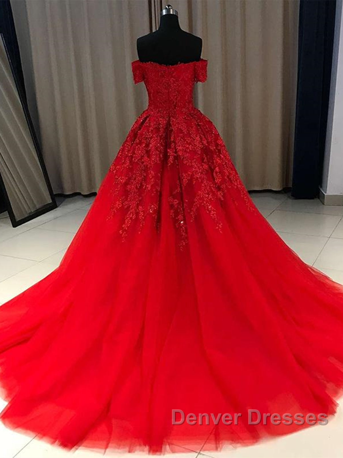 Gorgeous Off Shoulder Red Lace Long Prom Dress, Red Lace Formal Evening Dress, Red Ball Gown