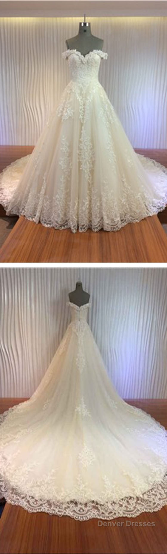 Gorgeous Off Shoulder Sweetheart Zip Up Long A-Line Lace Cathedral Train Wedding Dresses, Secondary image
