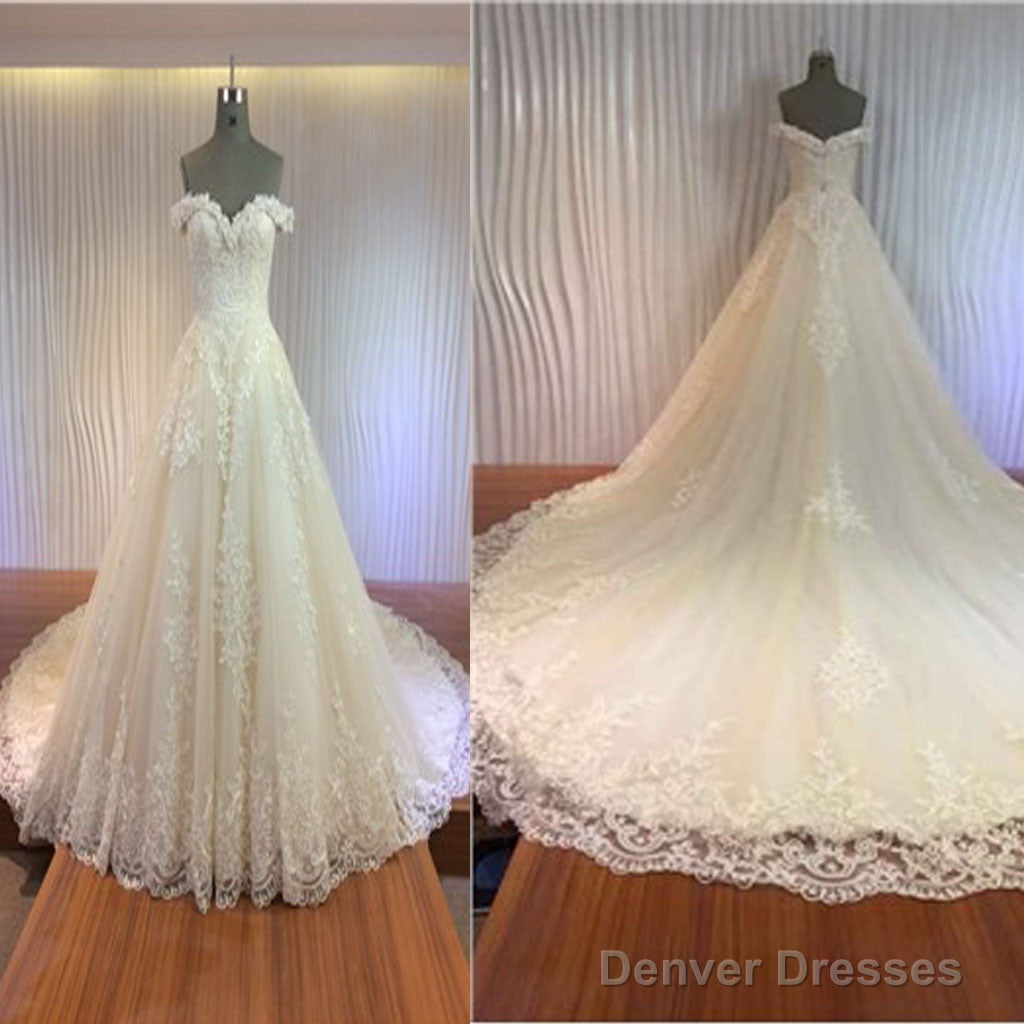 Gorgeous Off Shoulder Sweetheart Zip Up Long A-Line Lace Cathedral Train Wedding Dresses, Main image