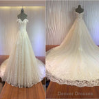 Gorgeous Off Shoulder Sweetheart Zip Up Long A-Line Lace Cathedral Train Wedding Dresses,