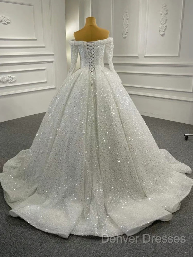Gorgeous Off The Shoulder Sparkly Ball Gown Sequin Wedding Dress With Sleeves Secondary image