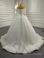 Gorgeous Off The Shoulder Sparkly Ball Gown Sequin Wedding Dress With Sleeves