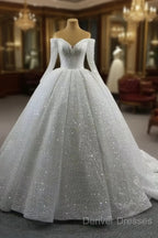 Gorgeous Off The Shoulder Sparkly Ball Gown Sequin Wedding Dress With Sleeves