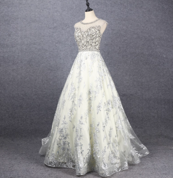 Gorgeous Off-White Crew Neck Beaded Embroidered Tulle Long Prom Dress Evening Dress Secondary image