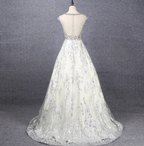 Gorgeous Off-White Crew Neck Beaded Embroidered Tulle Long Prom Dress Evening Dress