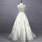 Gorgeous Off-White Crew Neck Beaded Embroidered Tulle Long Prom Dress Evening Dress