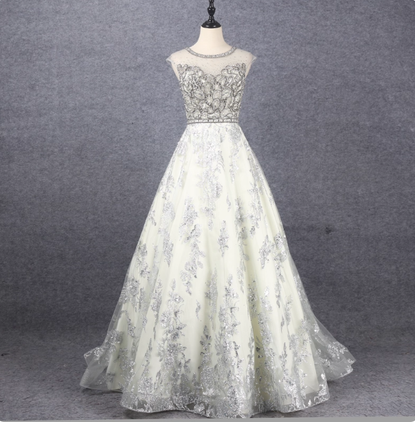 Gorgeous Off-White Crew Neck Beaded Embroidered Tulle Long Prom Dress Evening Dress
