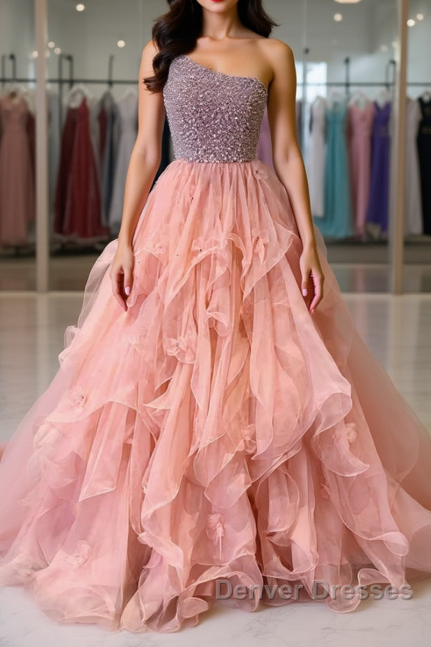Gorgeous One Shoulder Beaded Pink Long Prom Dress, Fluffy Pink Formal Evening Dress, Beaded Ball Gown