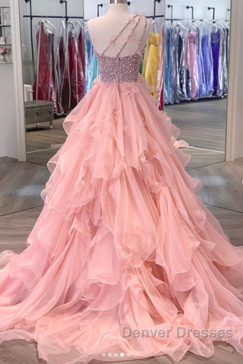 Gorgeous One Shoulder Beaded Pink Long Prom Dress, Fluffy Pink Formal Evening Dress, Beaded Ball Gown Secondary image