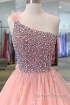 Gorgeous One Shoulder Beaded Pink Long Prom Dress, Fluffy Pink Formal Evening Dress, Beaded Ball Gown