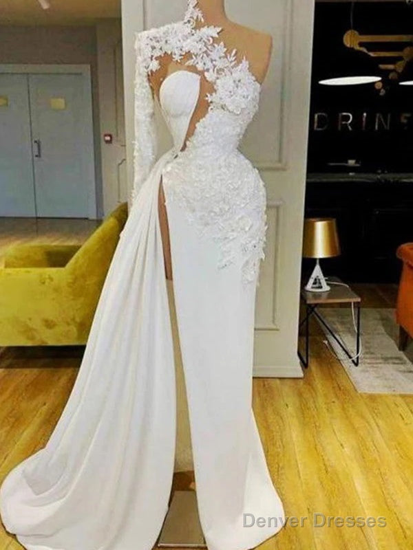 Gorgeous One Shoulder Long Sleeve With Appliques Side Split Prom Dress. Main image