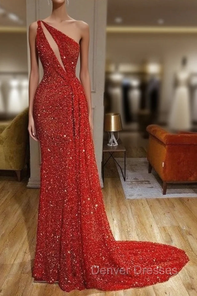 Gorgeous One Shoulder Red Sequins Long Prom Dress Main image