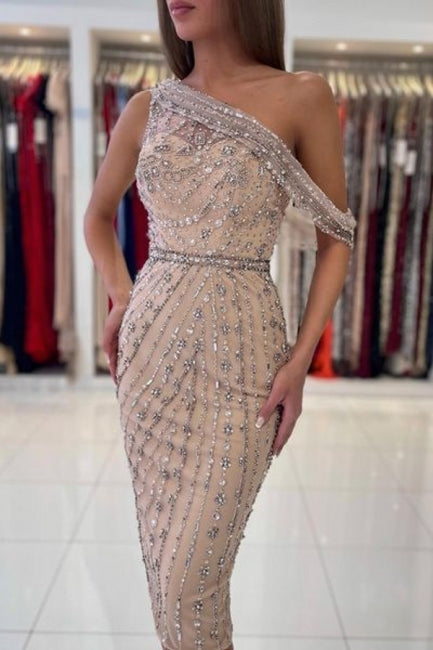 Gorgeous One Shoulder Sleeveless Mermaid Satin Evening Dresses With Beads Main image